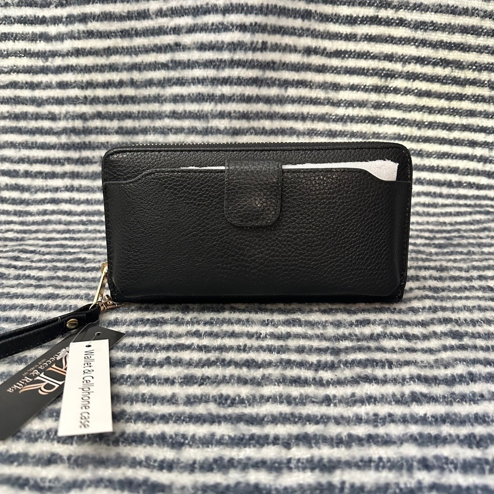 Rebecca & Rifka‎ Wristlet Wallet w/Phone Holder Zip Around Black Faux Leather Nw